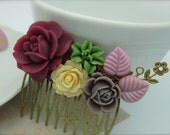 ALL DRESSED UP - A Beautiful Collection Of Flower Cabochons On Brass Filigree Hair Comb