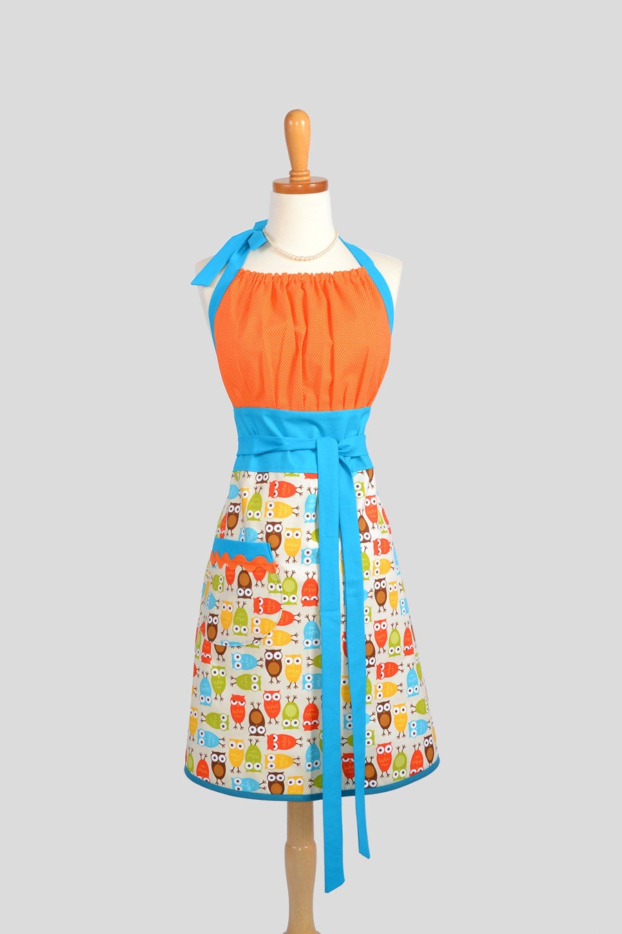 Cute Kitsch Retro Apron - Handmade Full Womens Apron in Whimsical Owls of Teal and Orange