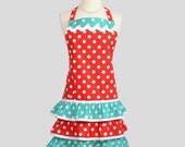 Ruffled Retro Apron , Flirty Full Handmade Womens Apron in Apple of My Eye Red and Teal Dots by Riley Blake Designs