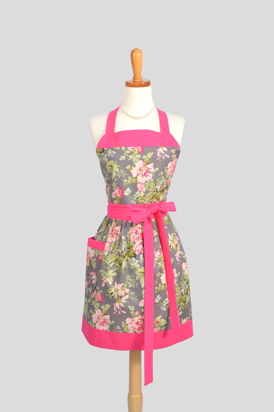 Womens Bib Full Apron - Handmade Retro Womens Apron in Anna Griffon Pink and Gray Rose with Hot Pink Trim