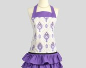 Ruffled Retro Apron : Flirty Full Womens Handmade Apron  Ruffled Vintage Style Skirt in Elegant Sparkles White and Purple Damask