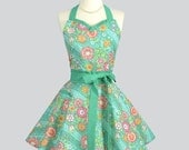 Sweetheart Retro Apron . Sexy  Womens Apron In Amy Butlers Emerald Green and Pink  Blossoms Handmade  Cute Full Kitchen Apron