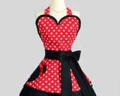 Sexy Retro PinUp Apron : Flirty and Cute Pinup Apron in Minie Mouse Red and White Polka Dot with Black Trim