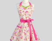 Sweetheart Retro Apron / Handmade Retro Womens Flirty Apron in Petite Rose Buds on Cream with Lime Green Accents Cute Summer Apron