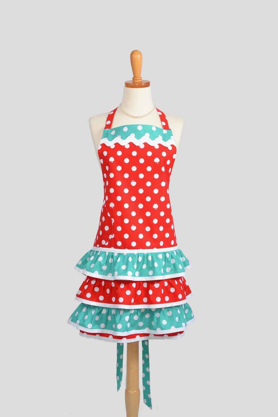 Ruffled Retro Apron , Flirty Full Handmade Womens Apron in Apple of My Eye Red and Teal Dots by Riley Blake Designs