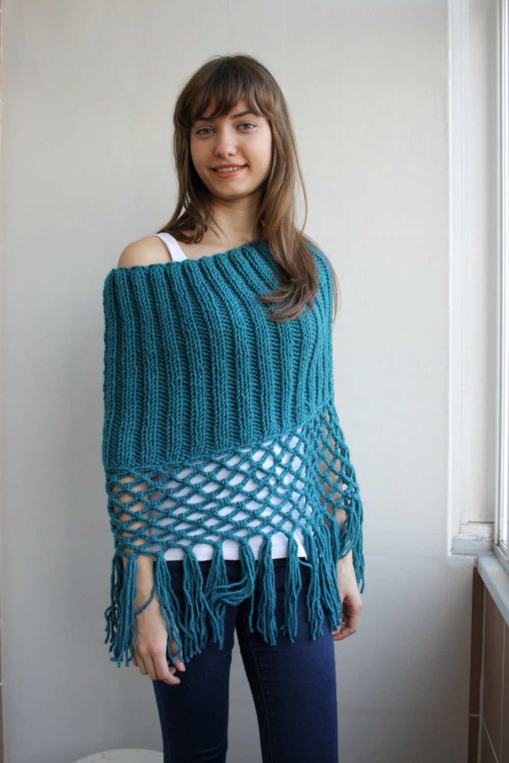 Free SHIPPING Teal Knit Poncho Capelet Mothers  Day Gift under75