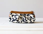 cosmetic case  , makeup bag in Blue cotton floral pattern and Brown leather