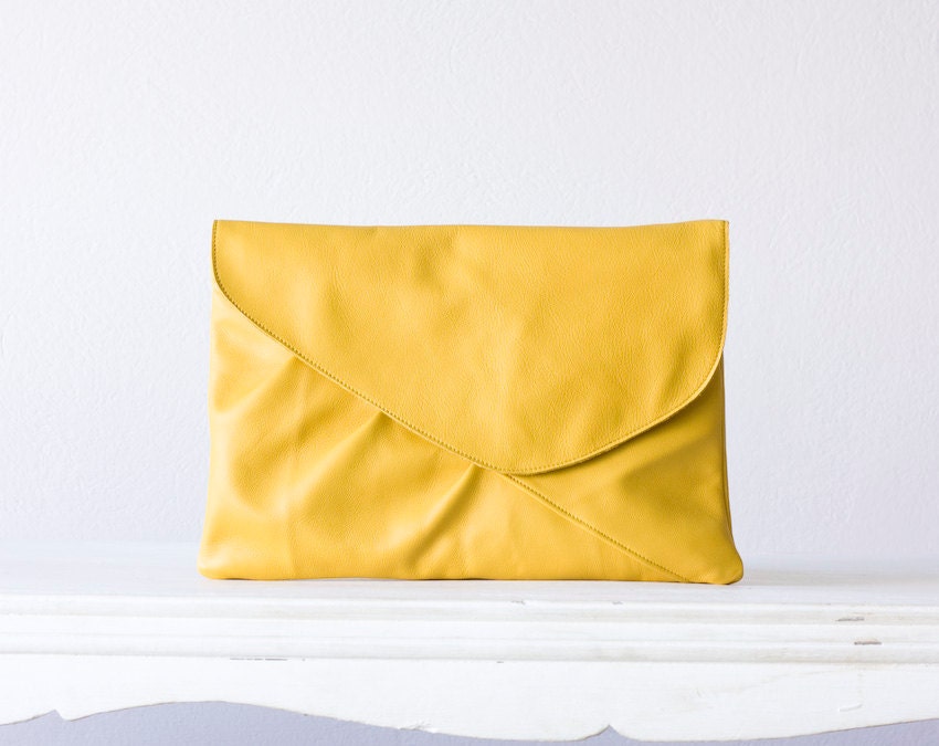 Yellow leather oversized clutch , envelope , handbag
