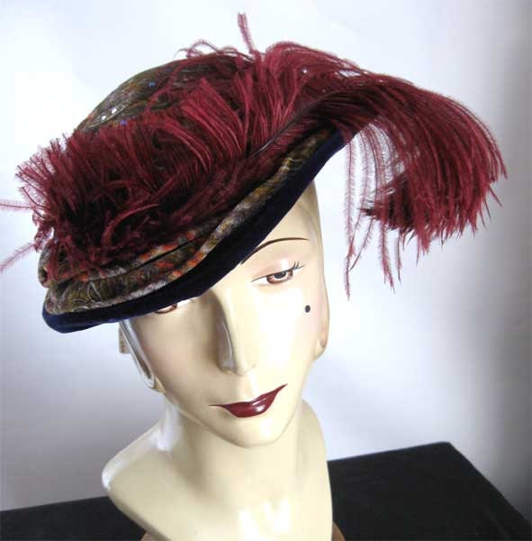 Vintage 60s Velvet Paisley Hat Ostrich Feather Downton Abbey Gatsby Silverman