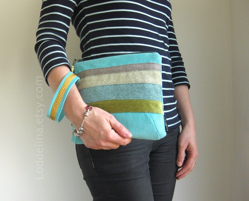 Large clutch wristlet in robin's egg blue corduroy with stripes