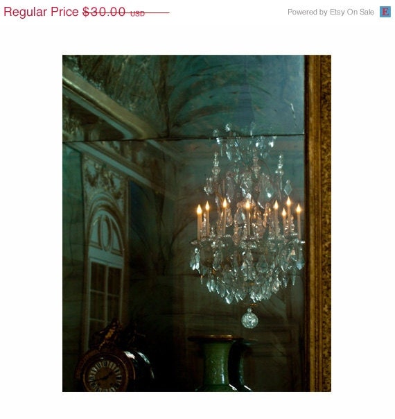ON SALE Paris Photograph Print, Glamourous French Chandelier, Home Decor Art Print, Gold Crystal Verdigris - Reflections (8x10)