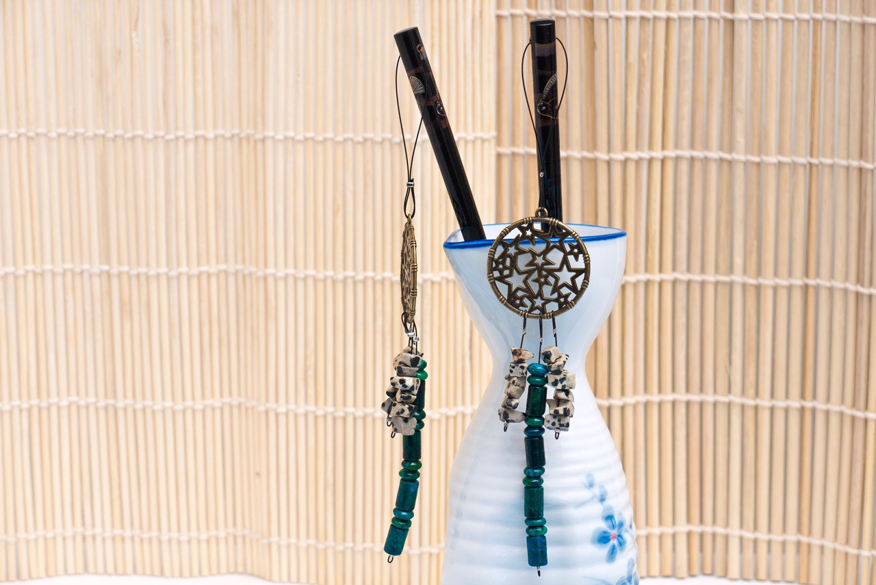 Hair sticks asian style made with real semi-precious stones in green -azurite and jasper