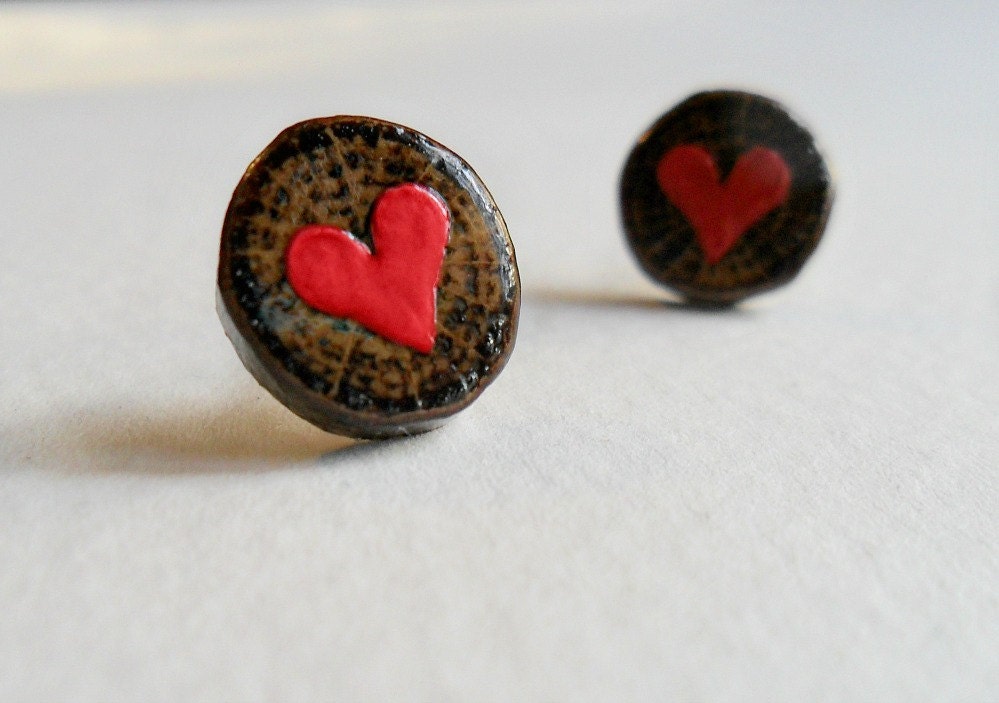 Red Hearts on Oak Wood Stud Earrings - Mother's Day - Rustic Love - Woodland Wedding - Eco Wood Jewelry
