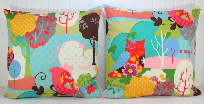 Throw Pillow Covers - Set of 2 - 18 x 18 Inches -Enchanted Forest - Owls and Birds