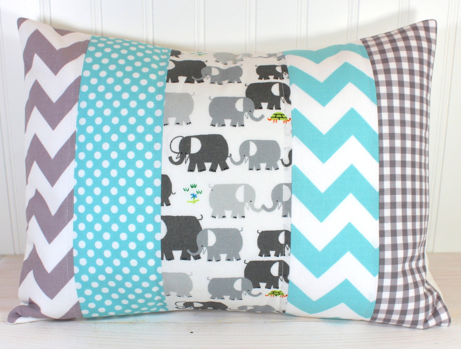 Pillow Cover - 12 x 16 Inches - Nursery Pillow Cover - Elephants - Gray Aqua Blue Chevron