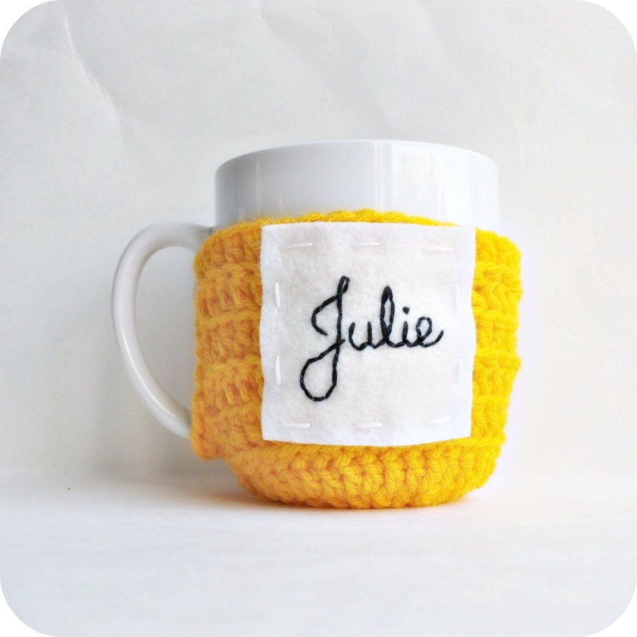 Personalized Coffee Mug Cozy Tea Cosy yellow black white crochet cover monogram name