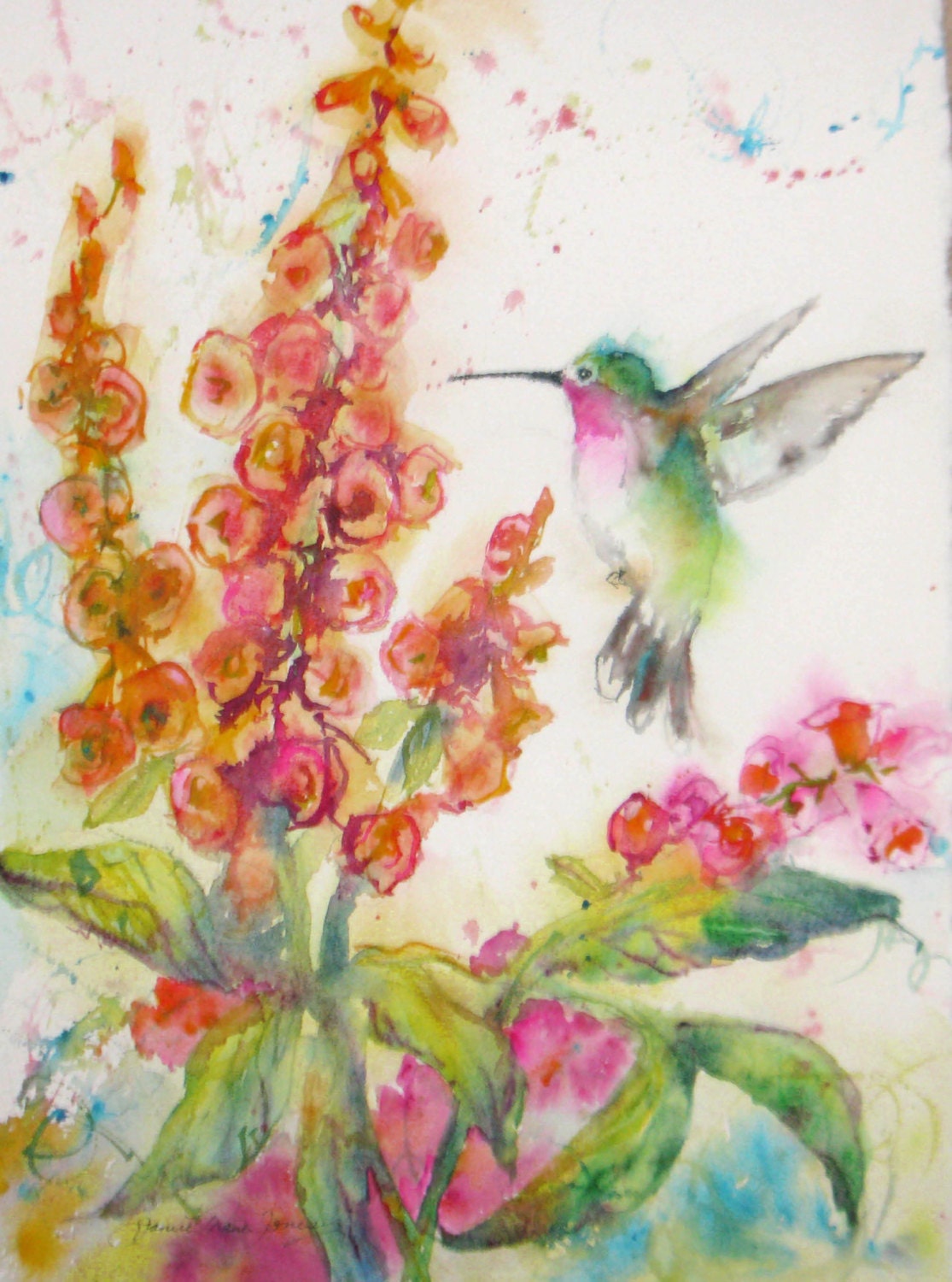 abstract hummingbird foxgloves original watercolor painting garden landscape impressionism 16 x 20 frame ready