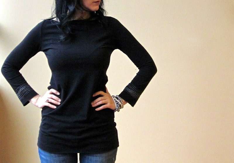 Bracelet Top Long Sleeve Black Bamboo Jersey, tunic, modern chic, eco fashion- made to order