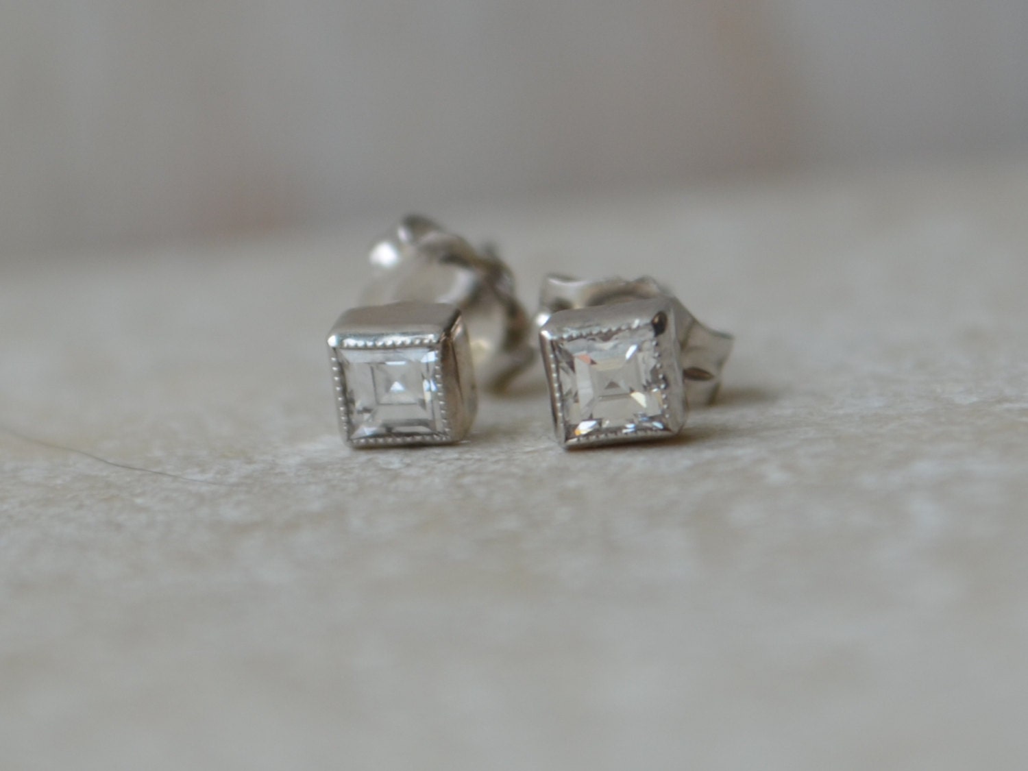 Square Baguette Cut Diamond Studs with Millgrain Set in White Gold