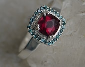 Argentium Silver Halo Ring with Cushion Rhodolite and Blue Garnet