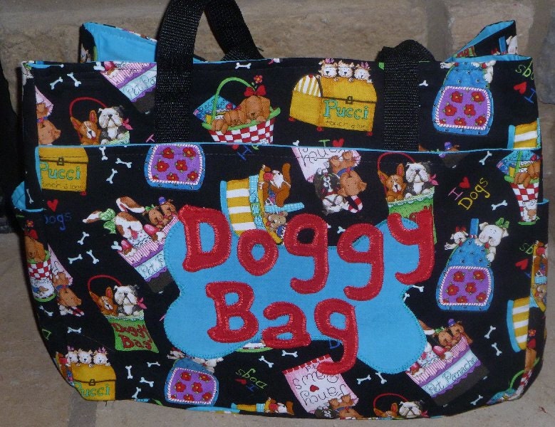 Dog Diaper Bag in Doggie Bag print with Aqua lining & by BeeatHome