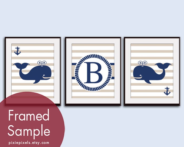 Personalized Initial Prints with Whales (Set of 3 - 11x14 Art Prints) Featured in French Grey and Deep Blue (Customizable Colors)