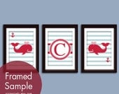 Personalized Initial Prints with Whales (Set of 3 - 5x7 Art Prints) Featured in Glacier Blue and Apple Red (Customizable Colors)