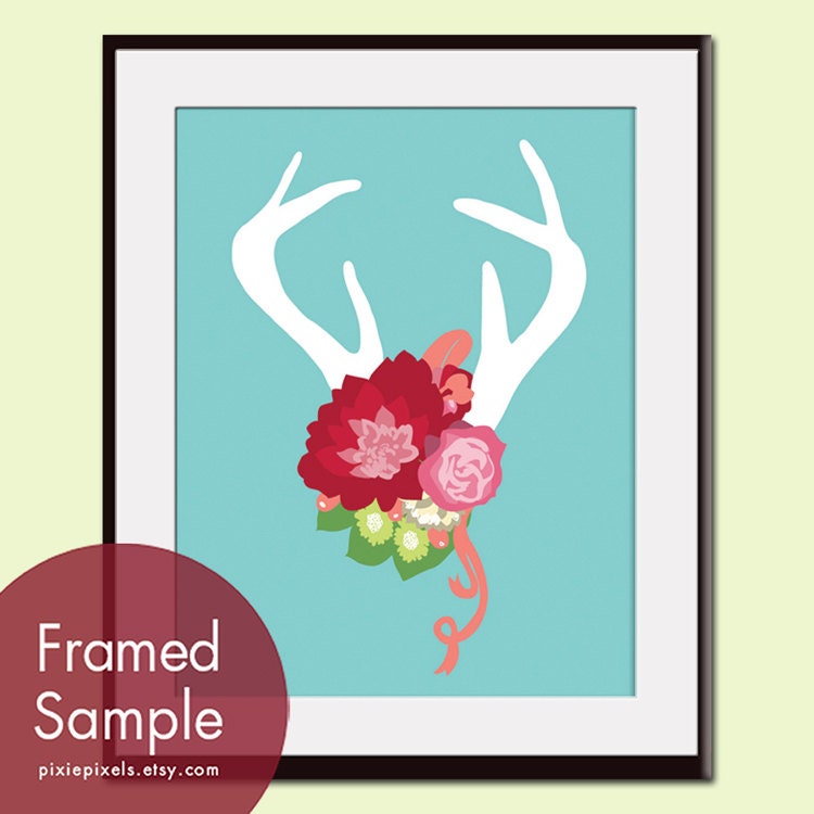 Deer Head Silhouette with Flowers (series B) 8x10 Art Print  (Assorted Colors) VIntage Modern Style (Customized Colors)