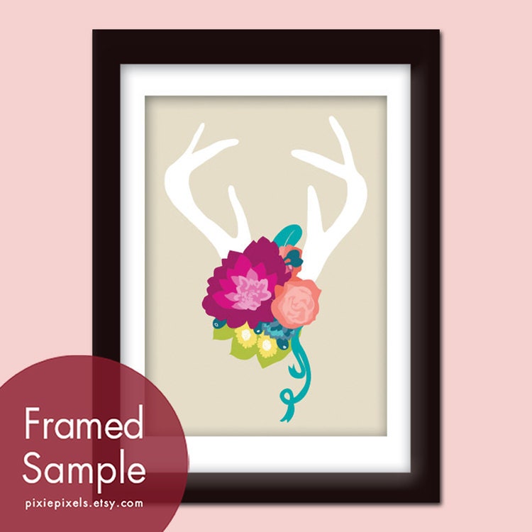 Deer Head Silhouette with Flowers (series B) 5x7 Art Print  (Assorted Colors) VIntage Modern Style (Customized Colors)