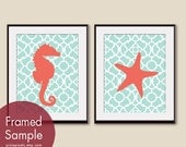 Seahorse and Starfish (series A) Set of 2 - 11x14 Art PRINT (Duck Egg and Hibiscus) (Modern French Style) Nautical/Beach Theme