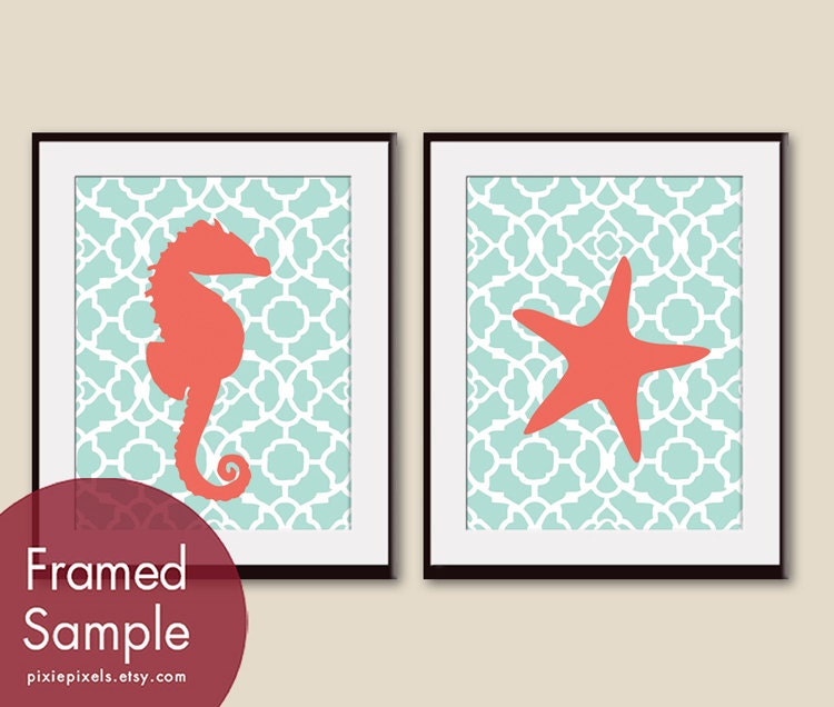 Seahorse and Starfish (series A) Set of 2 - 11x14 Art PRINT (Duck Egg and Hibiscus) (Modern French Style) Nautical/Beach Theme