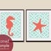 Seahorse and Starfish (series A) Set of 2 - 11x14 Art PRINT (Duck Egg and Hibiscus) (Modern French Style) Nautical/Beach Theme