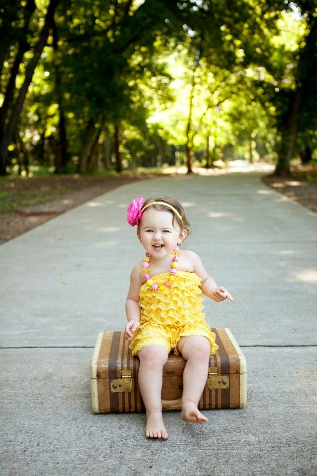 You Pick Size. Chicaboo Yellow Ruffled lace petti romper / bloomer. Sizes for ages newborn to 4/5 years. More Colors available