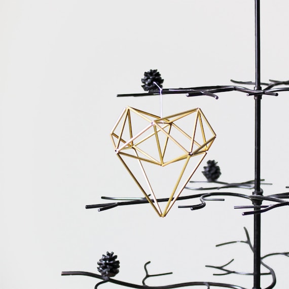 Brass Heart Himmeli Ornament / Modern Hanging Mobile / Geometric Sculpture