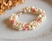 Pearl and pink coral sterling silver cluster bracelet, and earrings set, wedding bracelet