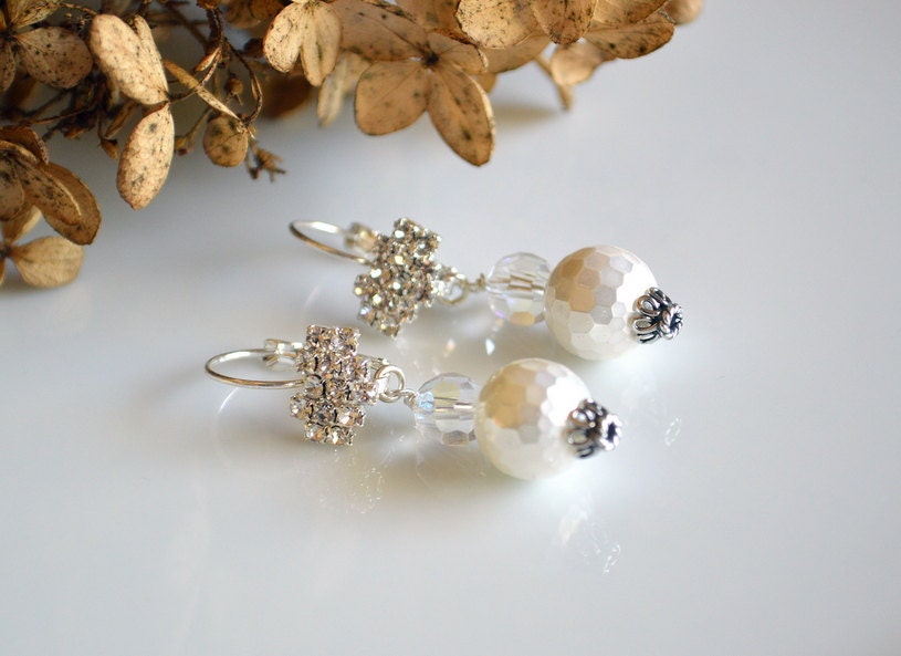 White pearl and crystal wedding earrings, bridal jewelry, sparkling earrings