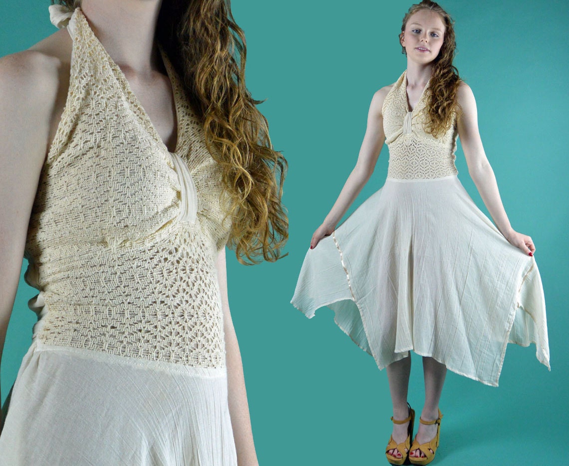 Crocheted Lace Dress Bohemian Halter Dress / Backless Romantic Vintage 70s Handkerchief Hem Cotton Gauze & Crocheted Lace Gypsy Dress XS / S