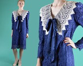 Sheer Lace Ascot Dress / Vintage 80s Navy Lace Sheath Dress / Deep V Neck Crochet Lace Collar / Long Taper Puff Sleeve Romantic Dress M / L
