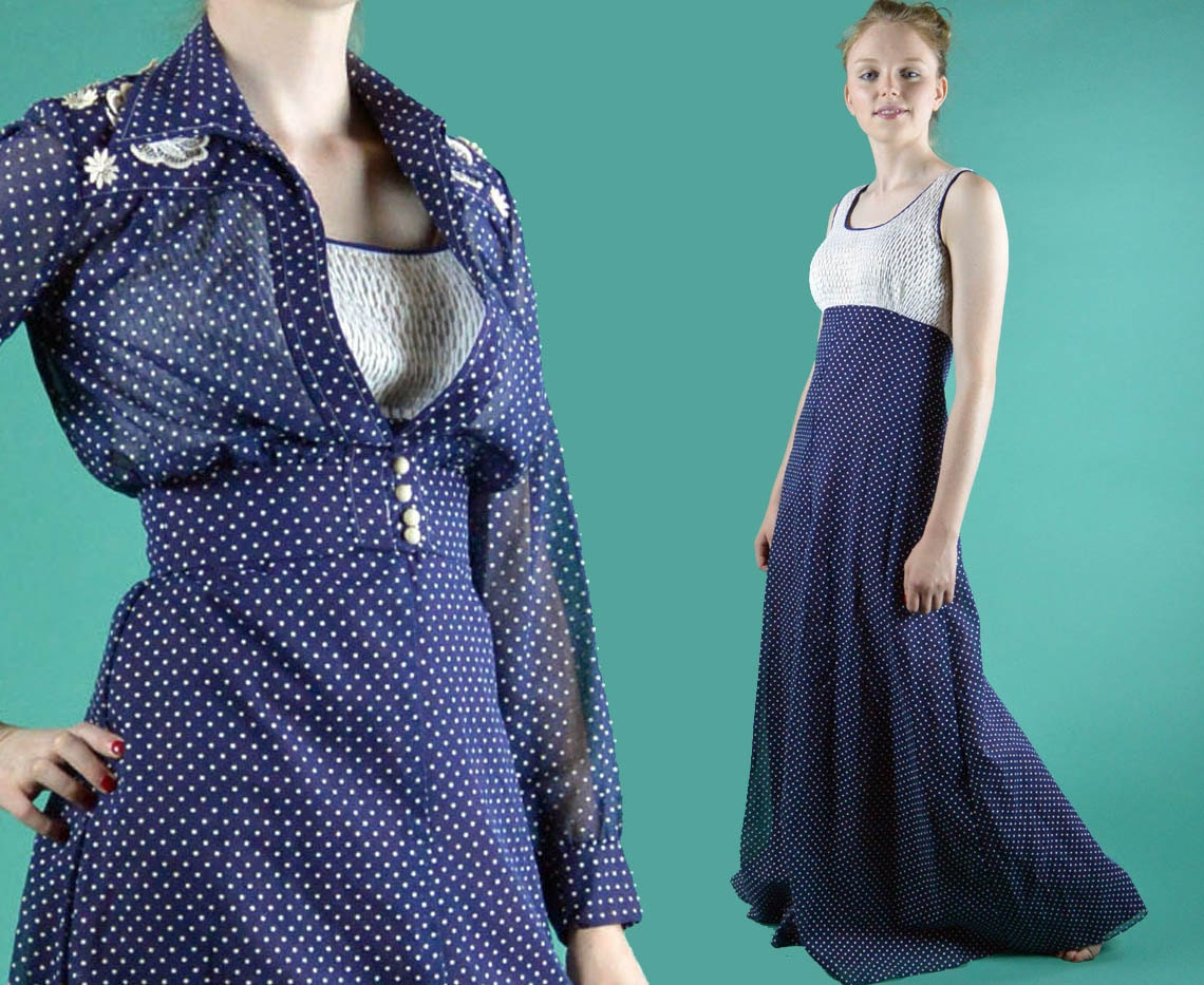 Sheer Bohemian Maxi Dress / 70s Vintage Party Dress Navy Polka Dot Sleeveless Empire Waist Maxi Dress / Sheer Cropped Jacket Top XS / S