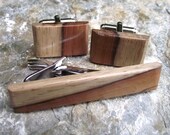 Wood Cuff Links and Tie Bar Set - Handmade Rectangular Cocobolo Wood Wooden Cufflinks - For the Groom, Father, or 5-Year Anniversary Gift