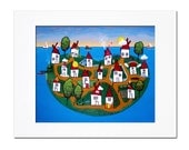 DREAM ISLAND - landscape painting original Matted PRINT whimsical folk art Harris 11x14 houses