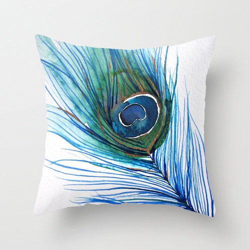 30% Off SALE - Accent Pillow - Watercolor Throw Pillow Cover - Peacock Feather -  Art Painting - Decorative Pillow - Home Decor - Houseware
