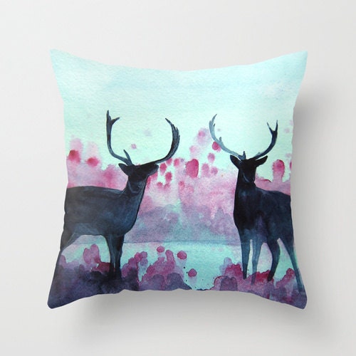 30% Off SALE - Accent Pillow - Watercolor Throw Pillow Cover - Deer Landscape -  Art Painting - Decorative Pillow - Home Decor - Housewares