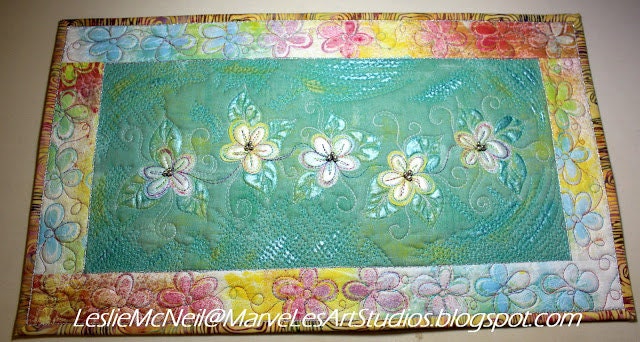 MarveLes WINTER FLOWERS Art Quilt table runner Home Decor Dining Decor  Pink Aqua Yellow Green
