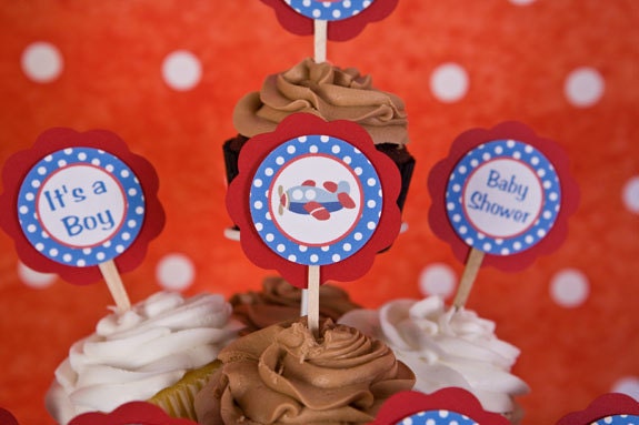 Airplane CUPCAKE TOPPERS - Airplane Baby Shower Decorations in Blue & Red (12) Il_170x135