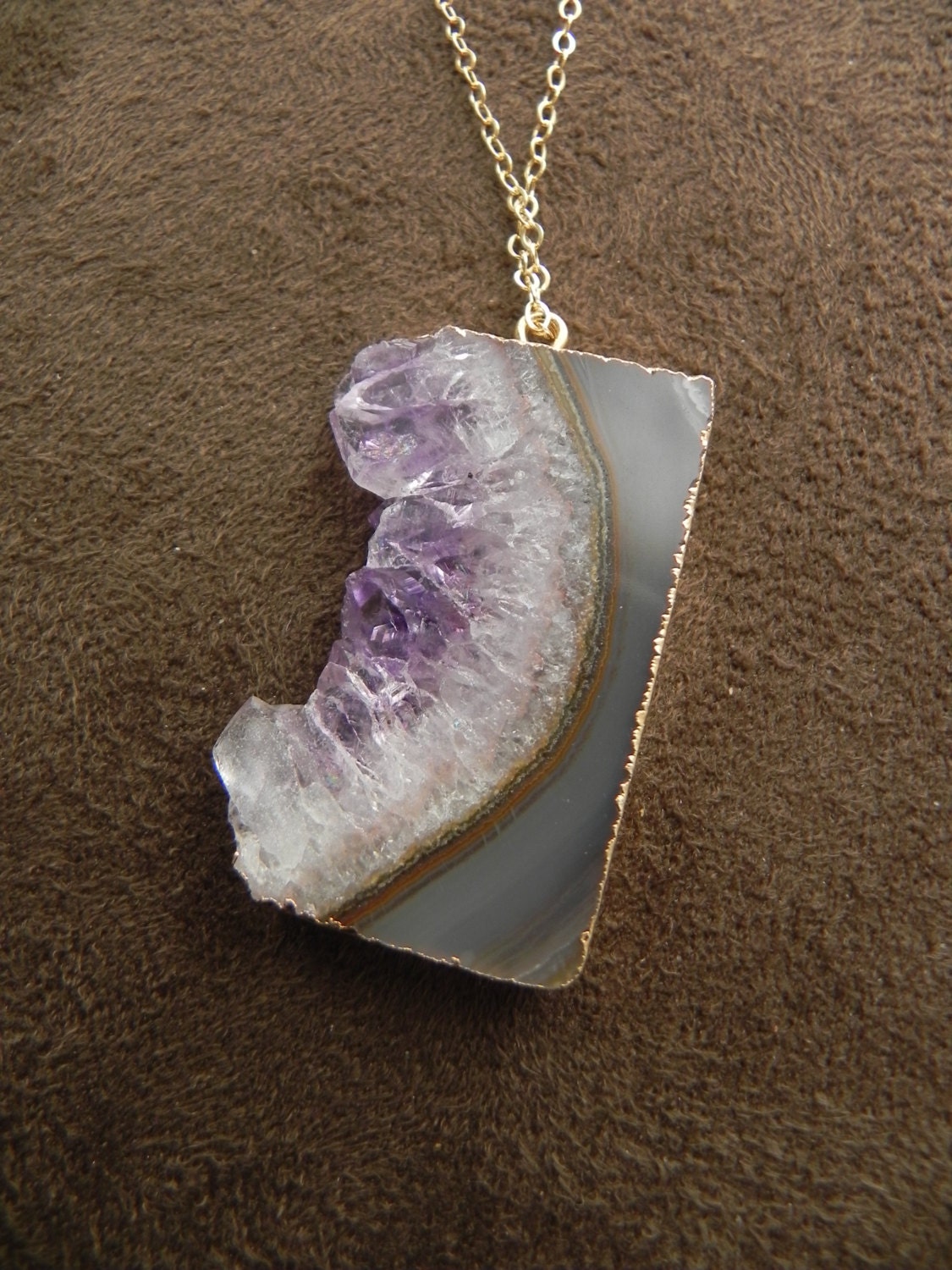 Amethyst Stalactite Slice Pendant and Gold Fill Chain Necklace 14kt Crescent