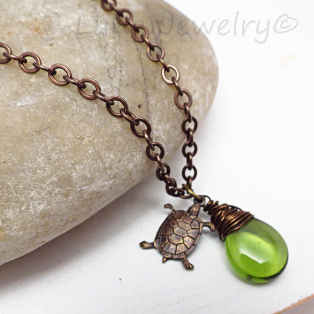 Vintaj Brass & Czech Glass Wire Wrapped Turtle Necklace