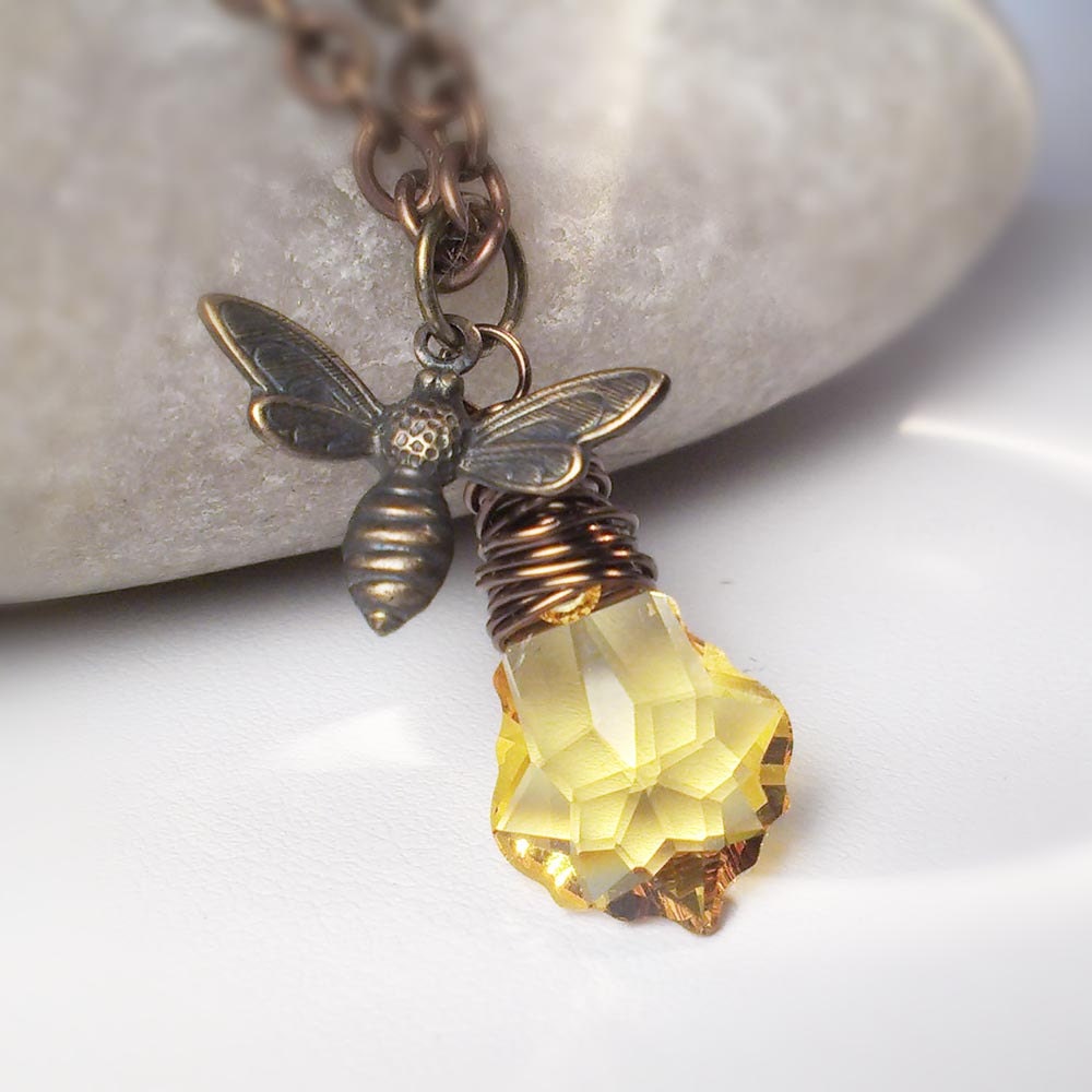Honey Bee Jewelry Vintaj Brass Wire Wrapped Swarovski Crystal Necklace