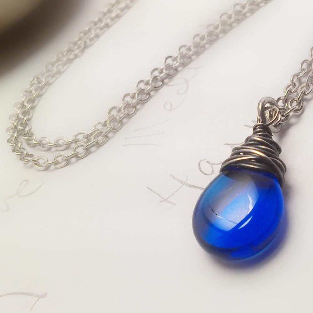 Sapphire Blue Czech Glass Oxidized Silver Wire Wrapped Necklace