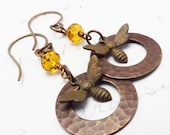 Honey Bee Jewelry Vintaj Brass Hammered Hoop Dangle Earrings